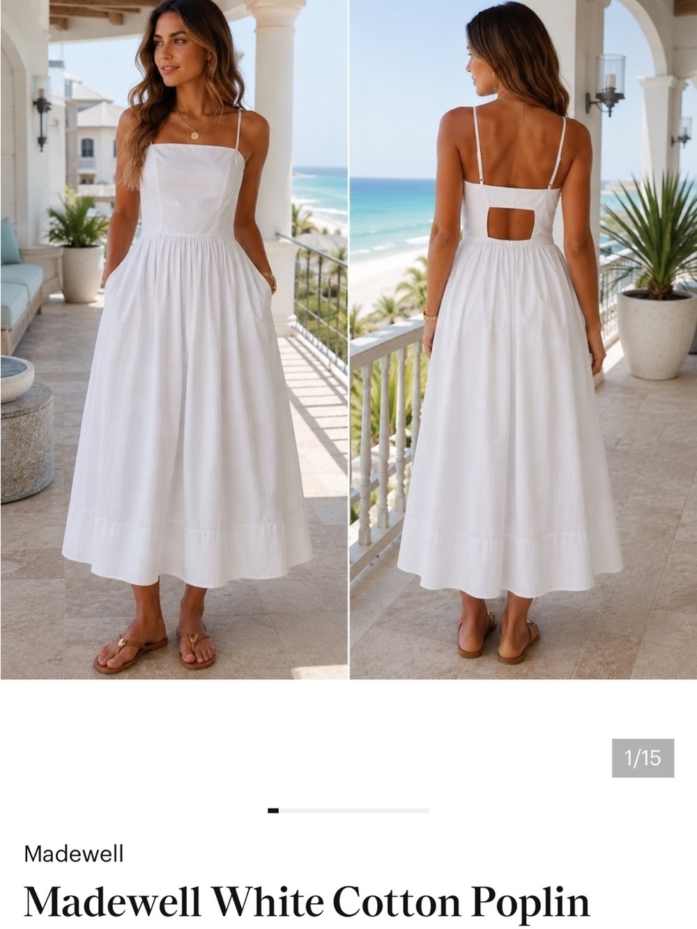 Madewell White Strappy Cotton Poplin Midi Dress with Back Cutout